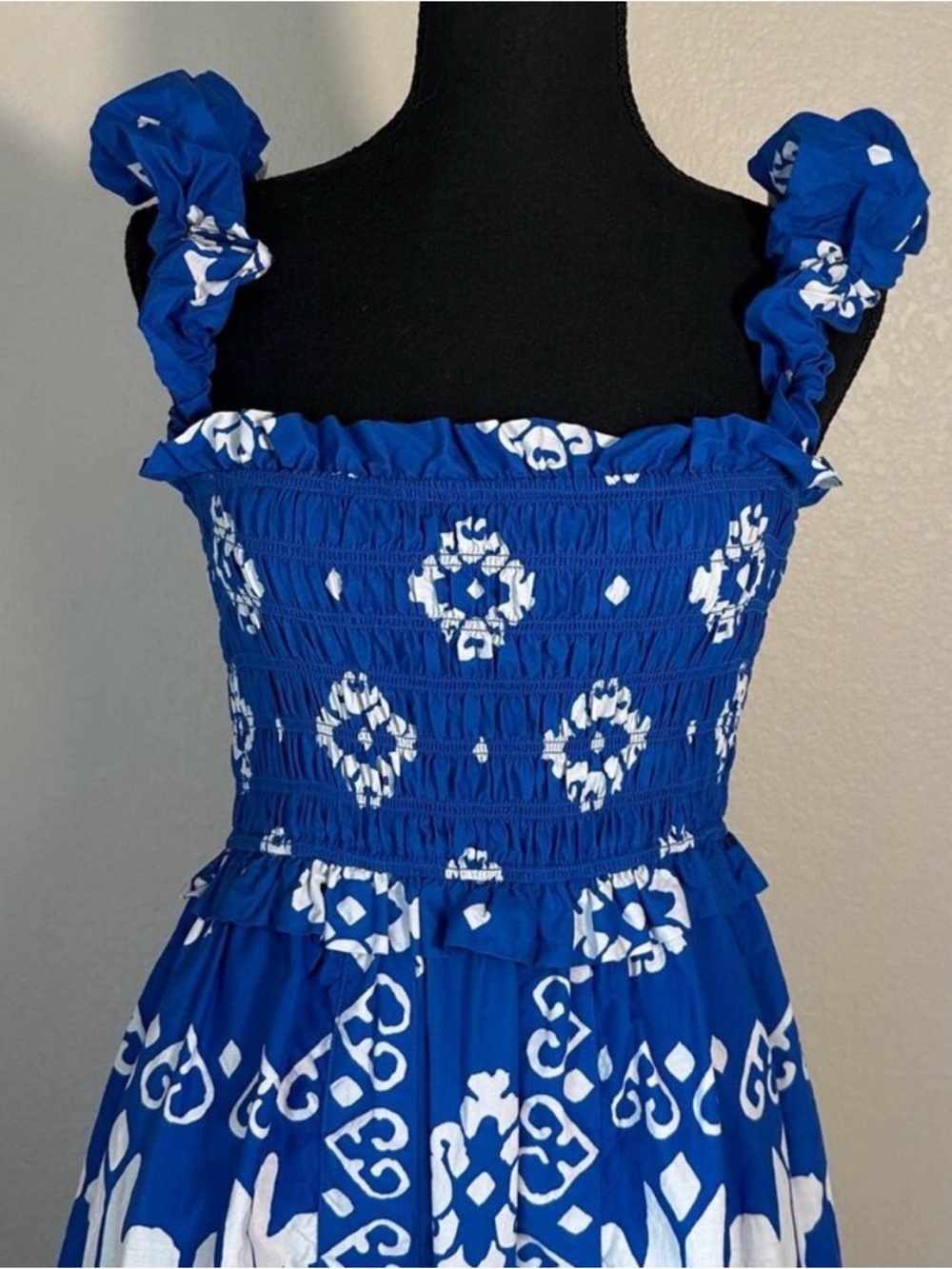Sea NY Blue Cotton Sonia Print Smocked Coastal Midi Dress, Tropical Resort, XS - Picture 4 of 13